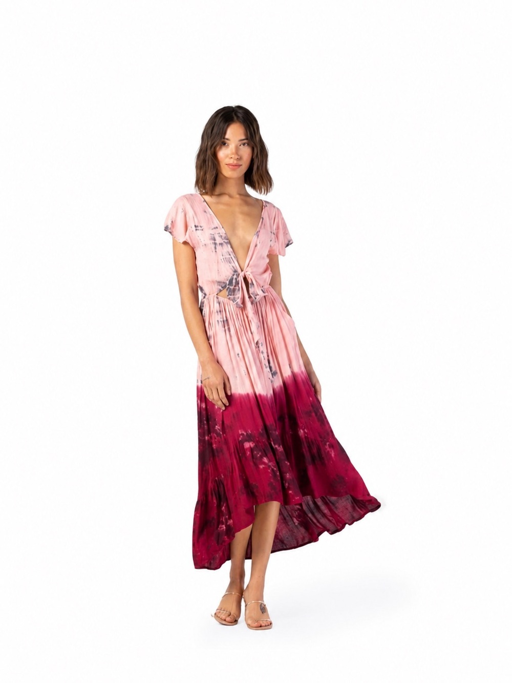 Tiare Hawaii Pink to Burgundy Tie-Dye Maxi Dress